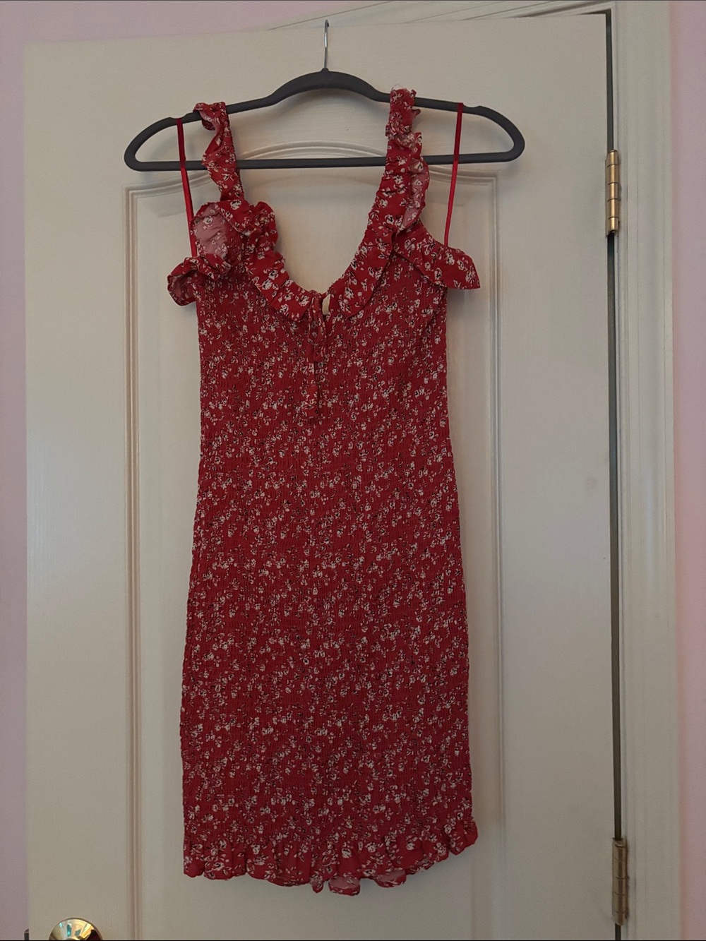 Red Floral Ruffle-Trim Mini Dress with Spaghetti Straps